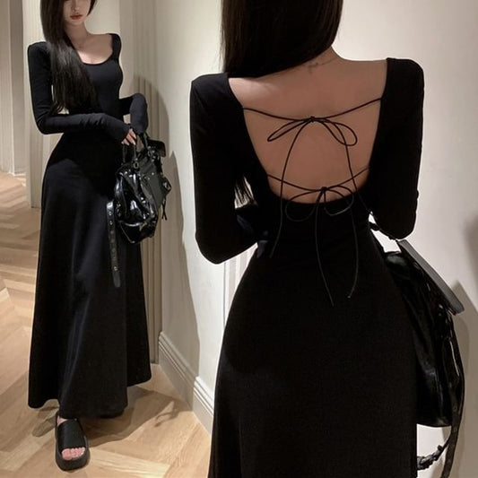 Open A-Line Long-Sleeve Dress Round Maxi Plain Back Neck