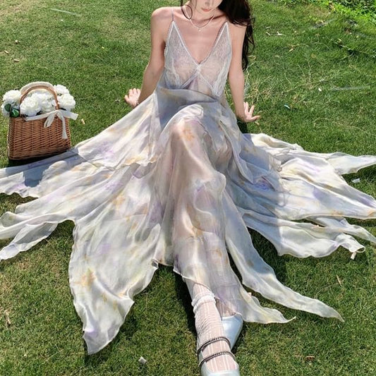 Spaghetti Midi Panel Floral Asymmetrical A-Line Lace Strap Sundress