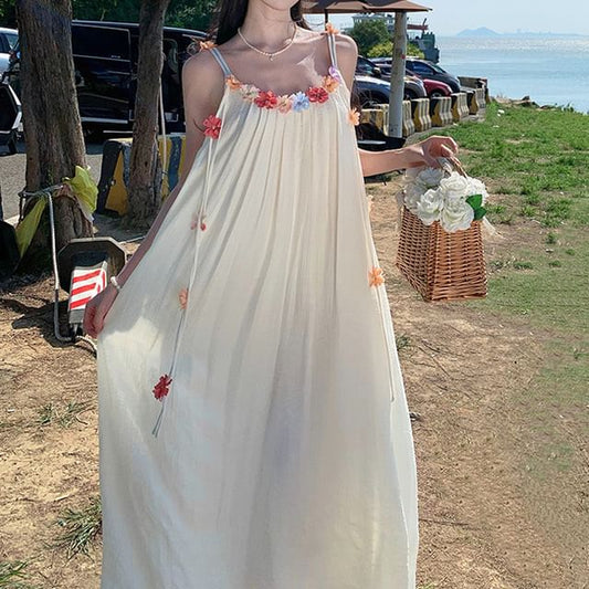 Flower Dress Strap A-Line Midi Spaghetti Accent