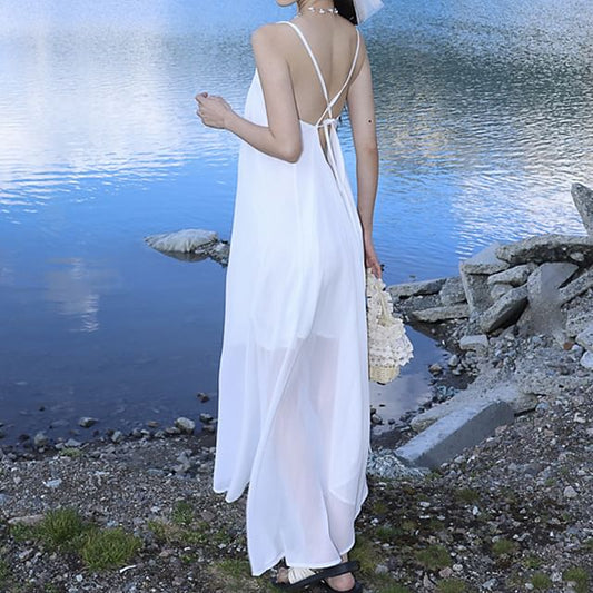 A-Line Midi Dress Spaghetti Plain Asymmetrical Strap