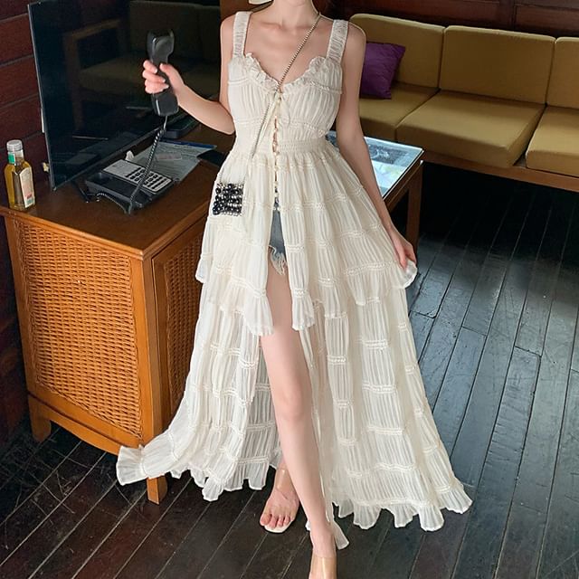 Sleeveless A-Line Button Dress Maxi Slit Plain