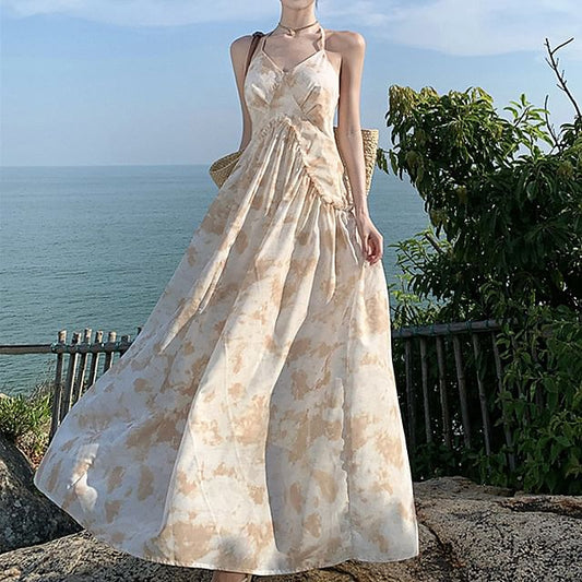 Ruffle A-Line Dress Floral Trim Back Maxi Halter Open