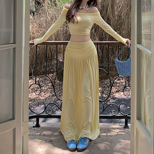 Tee Waist Maxi A-Line Set: High Off-Shoulder + Plain Fit Long-Sleeve Crop Slim Skirt