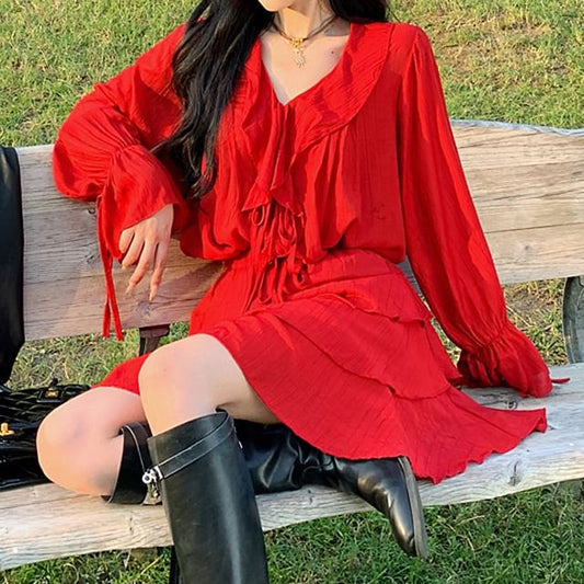 Skirt + Plain Set: Blouse V-Neck Mini Tiered A-Line Long-Sleeve