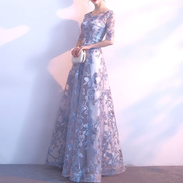 Neck Evening Embroidered Elbow-Sleeve Scoop Butterfly A-Line Gown