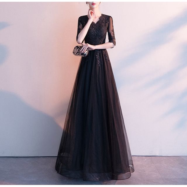 Evening Lace A-Line V-Neck 3/4-Sleeve / Cocktail Gown Asymmetrical Dress