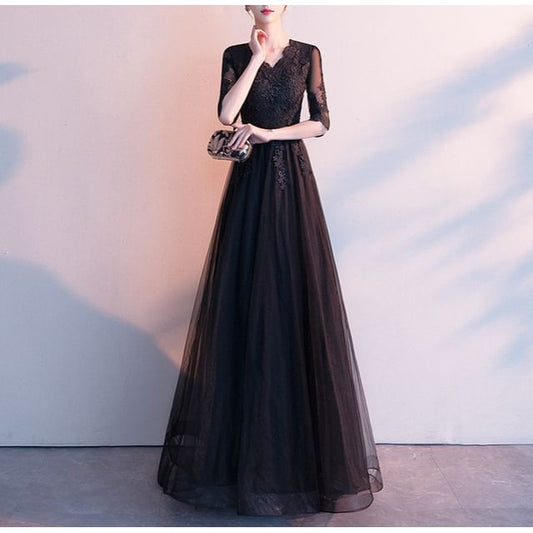 Evening Lace A-Line V-Neck 3/4-Sleeve / Cocktail Gown Asymmetrical Dress