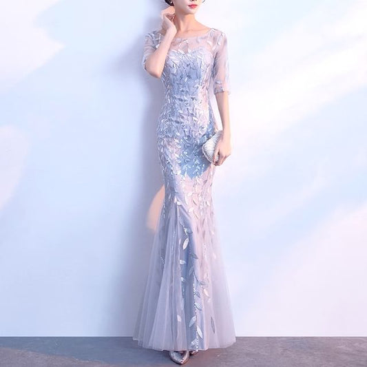 Neck Elbow-Sleeve Mermaid Sequin Evening Boat Gown