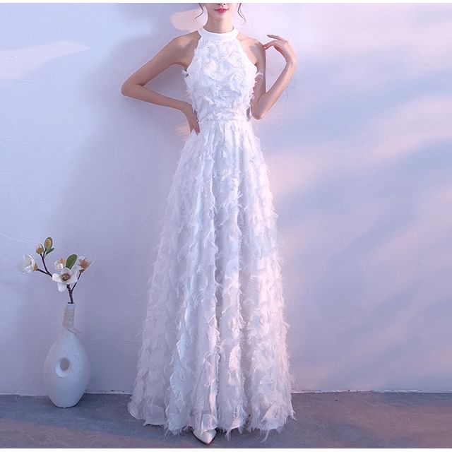 Fringed Gown A-Line Evening Plain Halter