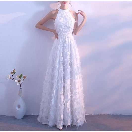 Fringed Gown A-Line Evening Plain Halter