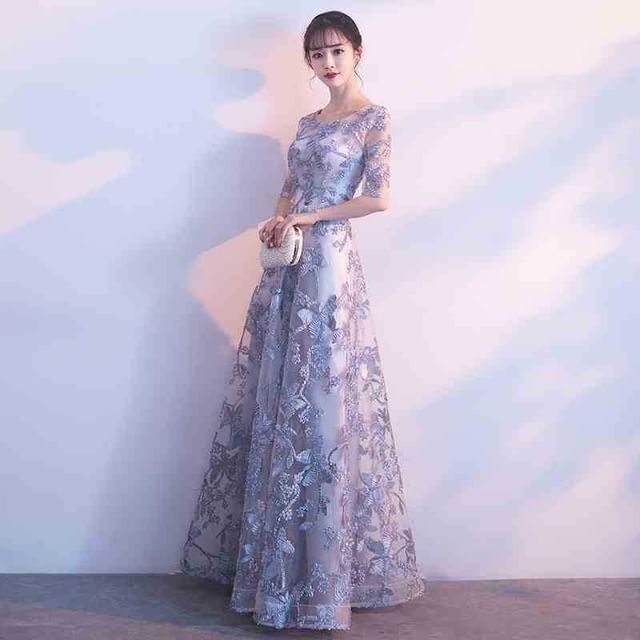 Neck Evening Embroidered Elbow-Sleeve Scoop Butterfly A-Line Gown