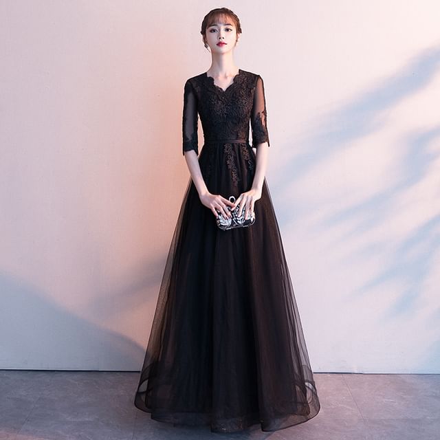 Evening Lace A-Line V-Neck 3/4-Sleeve / Cocktail Gown Asymmetrical Dress
