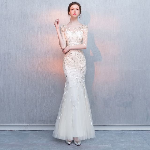 Neck Elbow-Sleeve Mermaid Sequin Evening Boat Gown