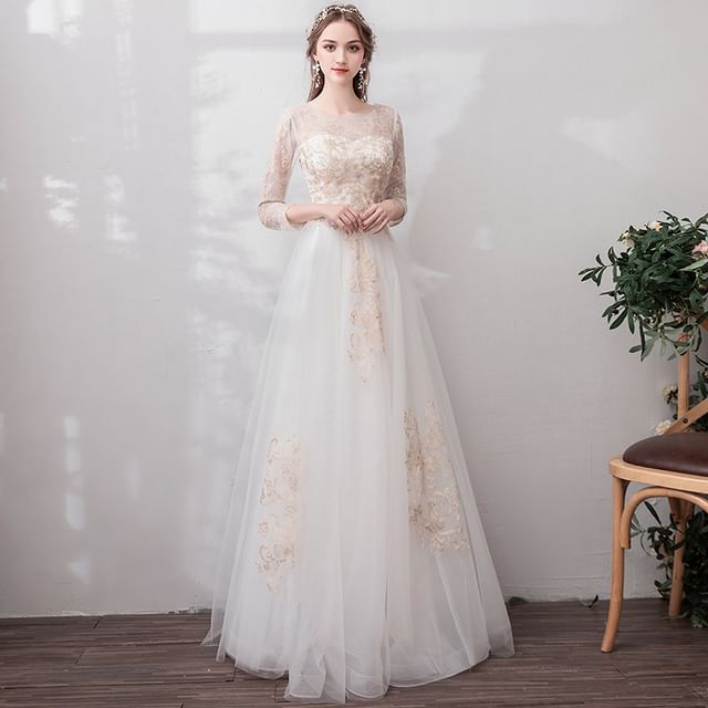 Gown Neck 3/4-Sleeve Wedding Mesh A-Line Scoop