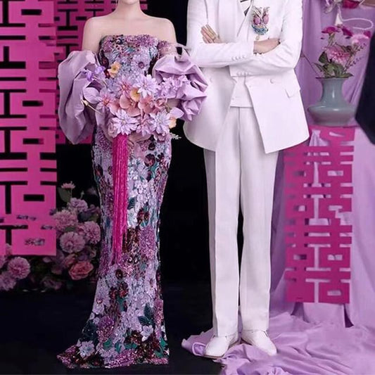 Evening Mermaid Sequin Gown Floral Strapless