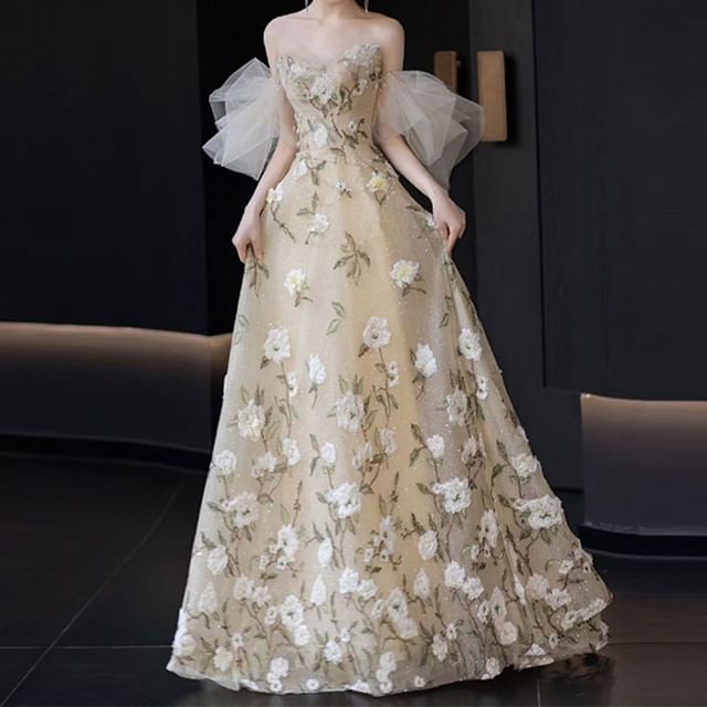 Evening Embroidered Gown Floral Strapless A-Line