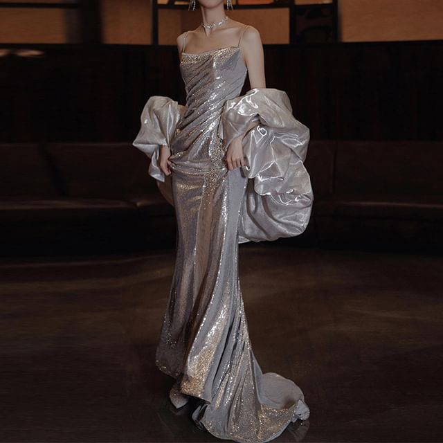 Sequin Evening Gown Strap Spaghetti Mermaid