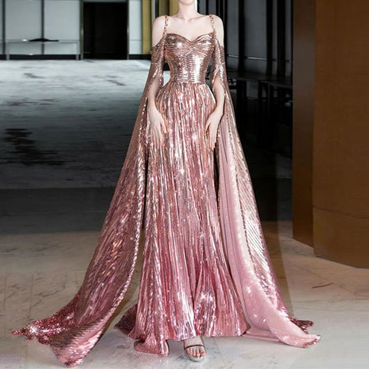 Cape-Sleeve Gown A-Line Evening Cold-Shoulder Sequin