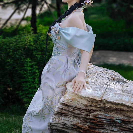 Off-Shoulder Sleeveless Evening Sequin Floral Sheath Gown