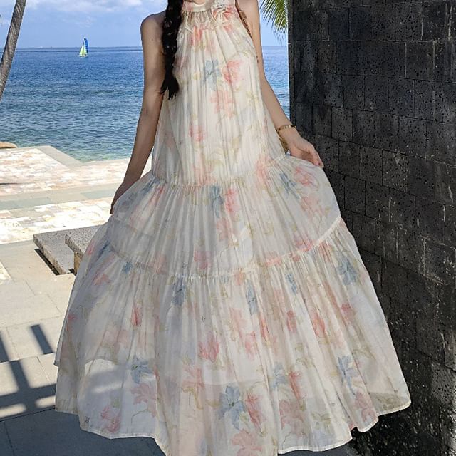 Floral Midi A-Line Halter Sleeveless Tiered Sundress