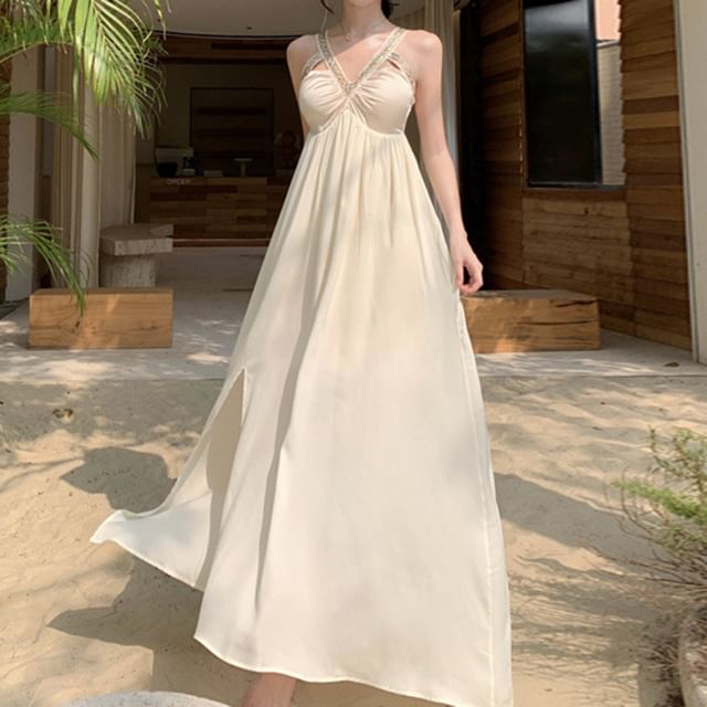 V-Neck A-Line Cutout Maxi Slit Sleeveless Dress