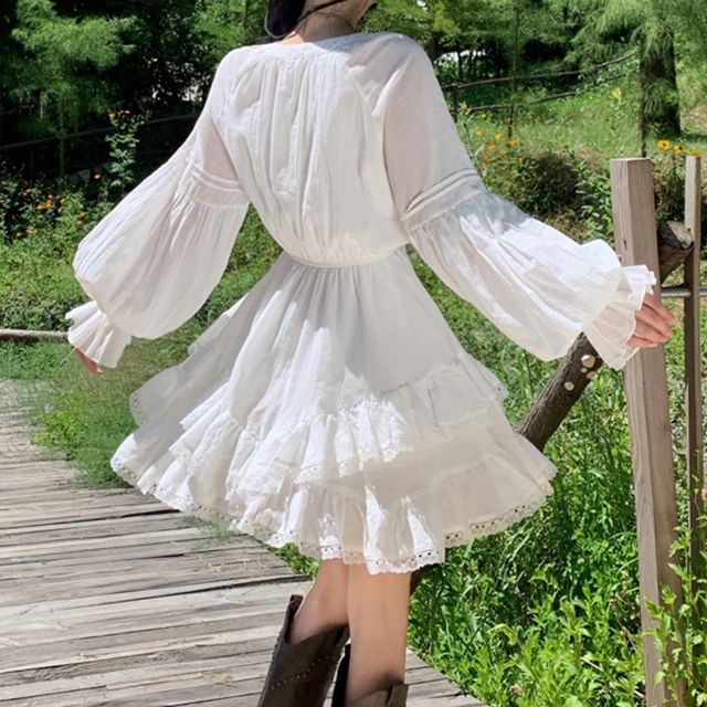 Tiered Trim Mini Plain A-Line Long-Sleeve Lace Dress
