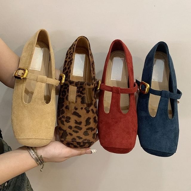 Faux T-Strap Square Suede Toe Flats