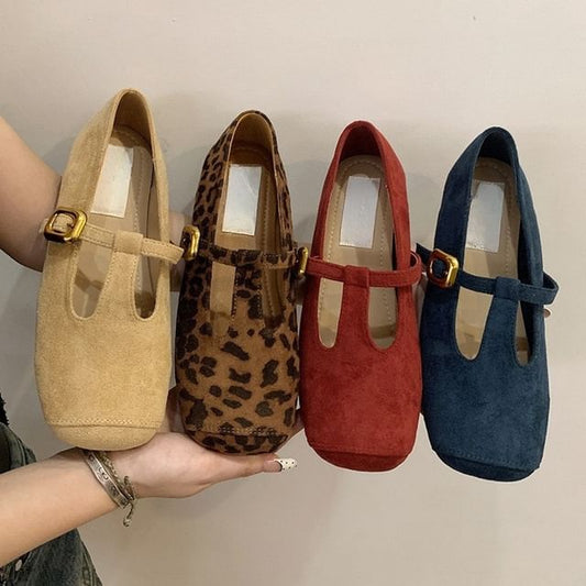 Faux T-Strap Square Suede Toe Flats