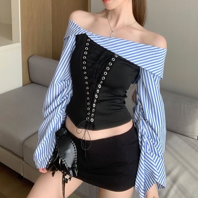 Off-Shoulder Flared-Sleeve Striped Blouse Lace-Up Cropped
