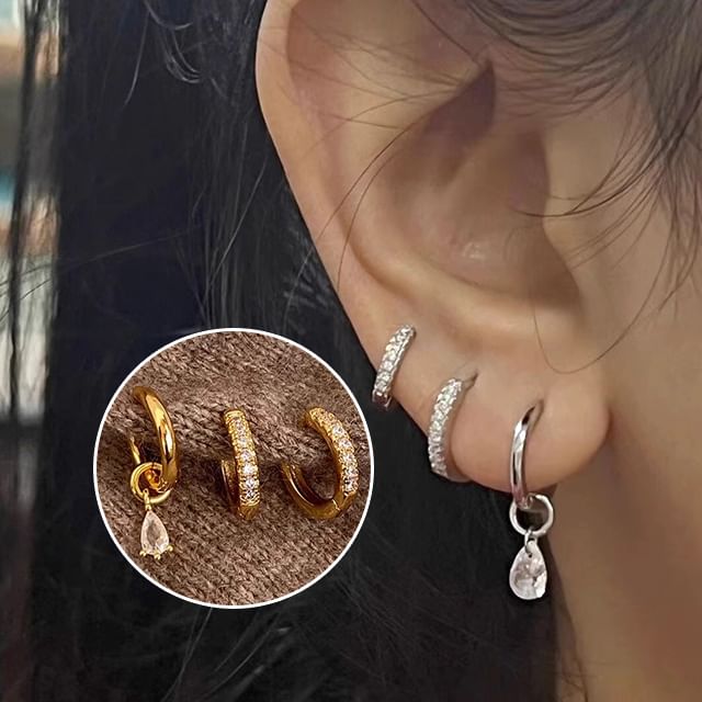 Earring Huggie Drop Rhinestone 3: Set Alloy + of