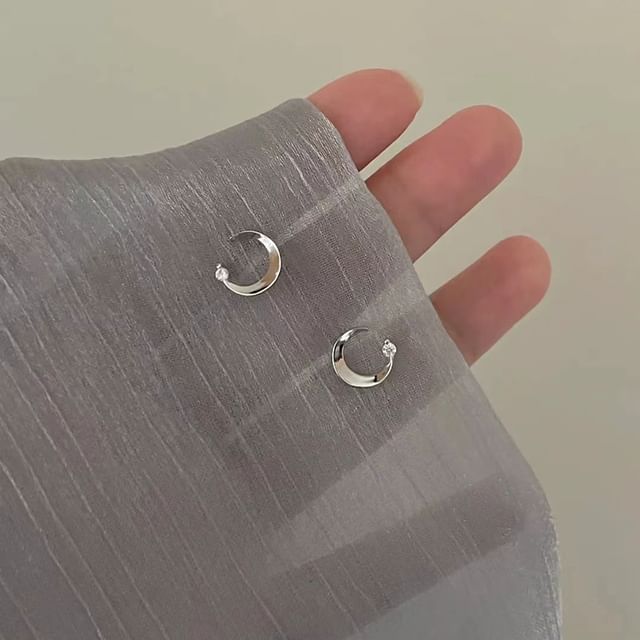 Stud Earring Rhinestone Moon Alloy
