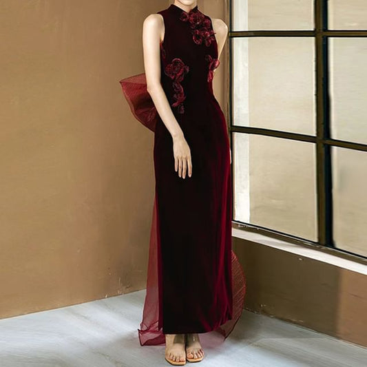 Velvet Collar Mandarin Sheath Gown Evening Applique Floral Sleeveless
