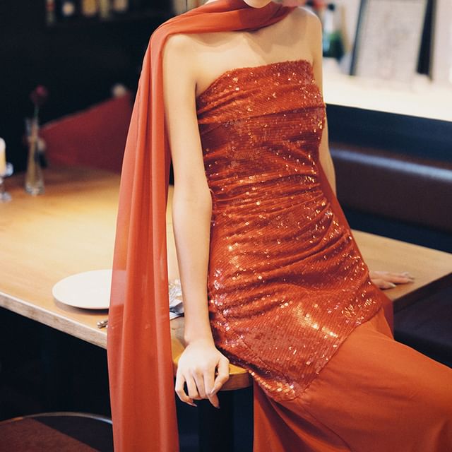 Sequin Panel Strapless Sheath Evening Gown