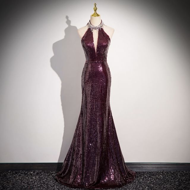 Evening Sheath Sequin Gown Sleeveless