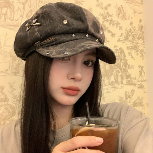 Denim Studded Cap Star Newsboy Applique