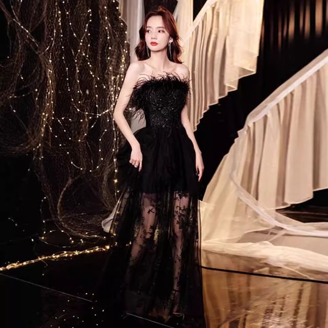 Gown Trim Evening Panel Lace A-Line Feather Strapless Sequin