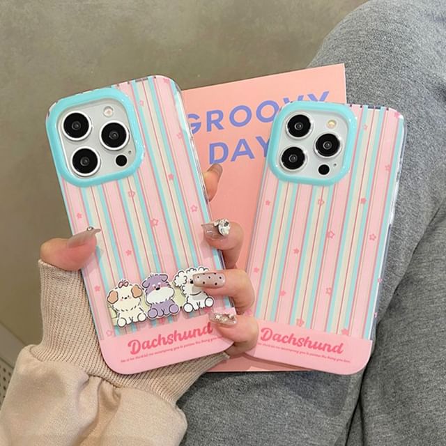 / Set Case Stand Phone Striped Dog