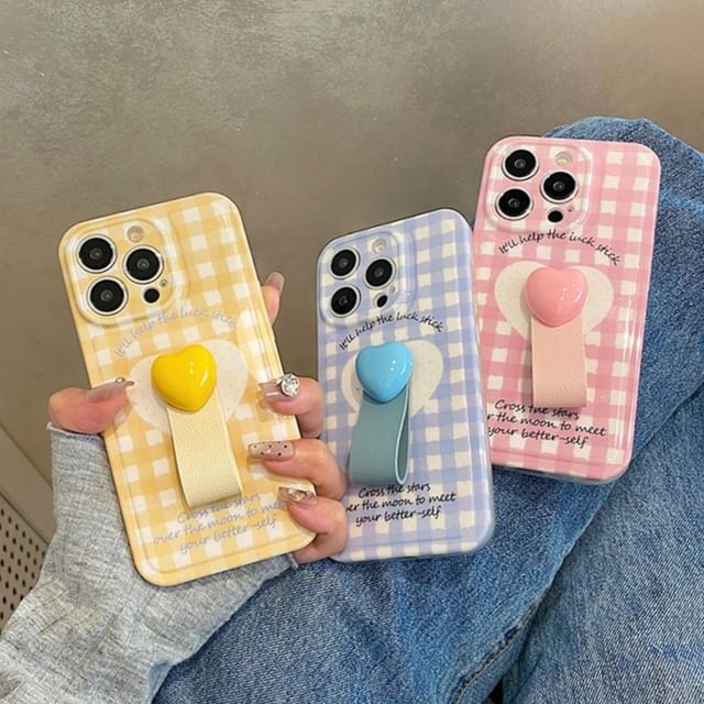 Heart Finger / Strap Plaid Set Case Phone