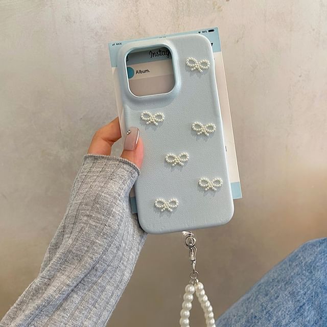 / Faux Pearl Strap Case Phone Set Bow