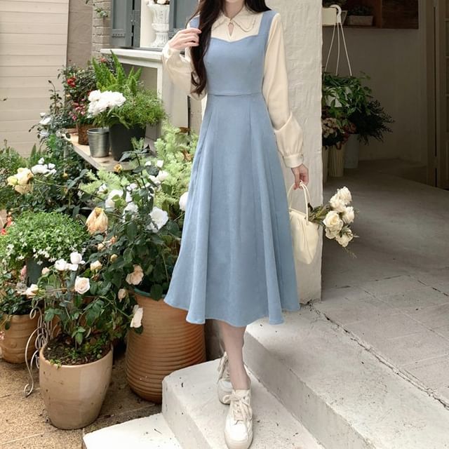 Two Dress A-Line Two-Piece Mock Midi Tone Long-Sleeve
