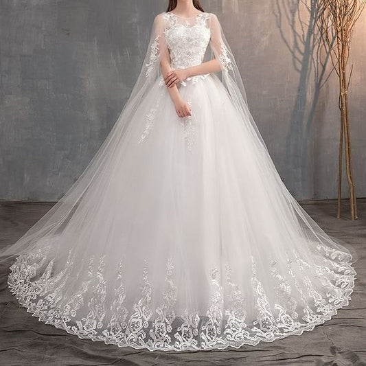 A-Line Flared-Sleeve Embroidered Wedding Flower Gown