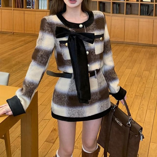 Crew Plaid Mini Button-Up Accent Neck Jacket Crop / Pencil Skirt Contrast Trim Bow High Rise