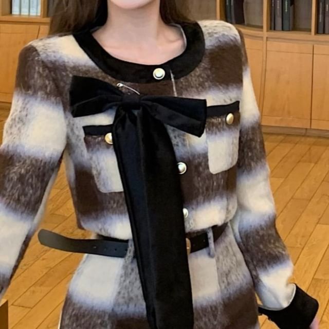 Crew Plaid Mini Button-Up Accent Neck Jacket Crop / Pencil Skirt Contrast Trim Bow High Rise