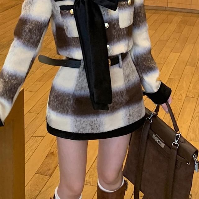 Crew Plaid Mini Button-Up Accent Neck Jacket Crop / Pencil Skirt Contrast Trim Bow High Rise