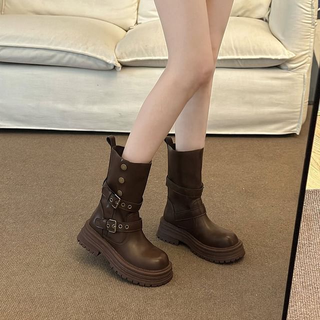 Leather Short Buckled Plain Faux Boots Platform