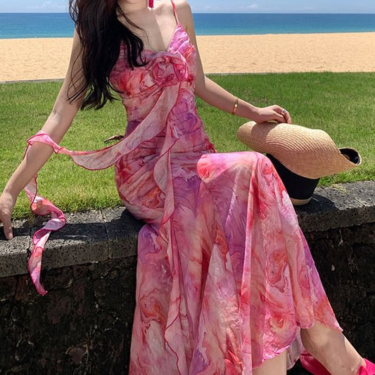 Accent Midi Tie A-Line Trim Dye Strap Spaghetti Ruffle Sundress Flower