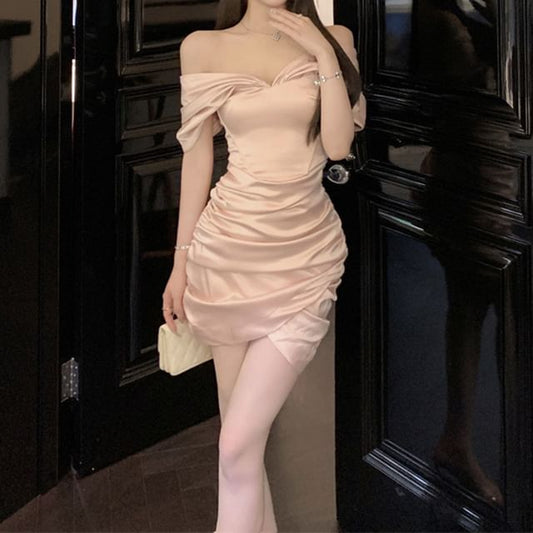 Dress Asymmetrical Sheath Plain Ruched Mini Off-Shoulder Cap-Sleeve