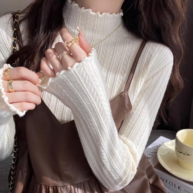Lettuce Neck Mock Edge Long-Sleeve Knit Plain Top