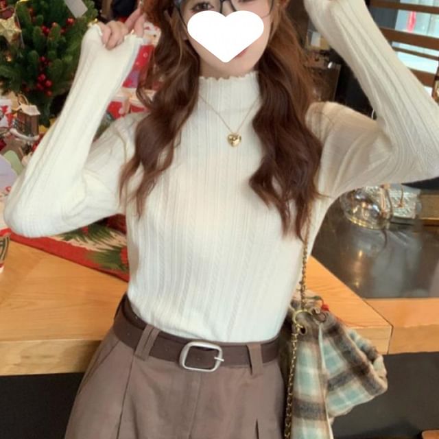 Lettuce Neck Mock Edge Long-Sleeve Knit Plain Top