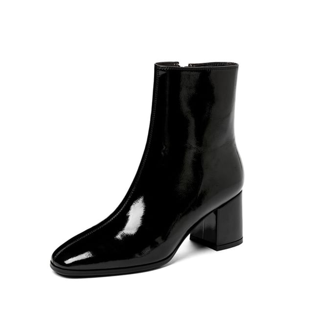 Boots Zip-Up Chunky Heel Short Plain Patent Leather